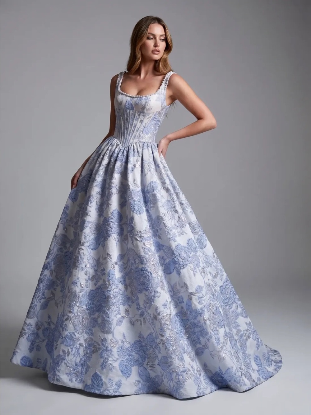 Couture Lee 3716 Brocade Blue White Floral Gown With Tool Skirt And Sweep Train